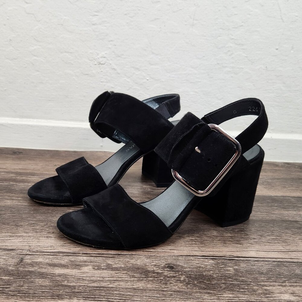 Stuart Weitzman Block Heel City Sandals Suede Leather Black sz 6